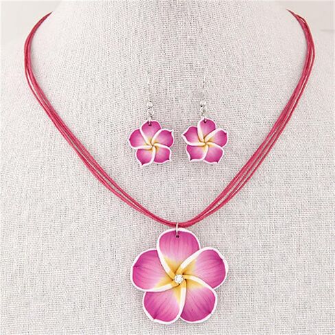 Dreuyet Colorful Plumeria Rubra Necklace Earrings Set for Women Elegant Hawaiian Style Flower Necklaces Bohemia Tropical Flower Dangle Earrings Luau Beach Party Accessories in Kuwait