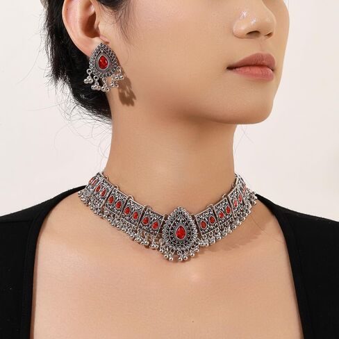 OIDIMS Retro Indian Traditional Jewellery Set For Women Bridal Wedding Party Antique Silver Oxidized Ethnic Prom Wear Statement Necklace Earring Tassel Bollywood Choker Punk Crystal Fashion Gift in Saudi Arabia