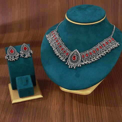 OIDIMS Retro Indian Traditional Jewellery Set For Women Bridal Wedding Party Antique Silver Oxidized Ethnic Prom Wear Statement Necklace Earring Tassel Bollywood Choker Punk Crystal Fashion Gift in Saudi Arabia