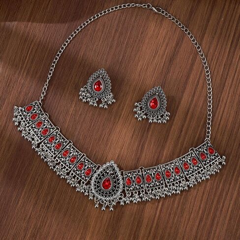 OIDIMS Retro Indian Traditional Jewellery Set For Women Bridal Wedding Party Antique Silver Oxidized Ethnic Prom Wear Statement Necklace Earring Tassel Bollywood Choker Punk Crystal Fashion Gift in Saudi Arabia