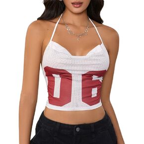 MakeMeChic Women's Jersey Shirts Y2k Halter Tops Draped Tie Backless Letter Print Tank Crop Tops in Saudi Arabia
