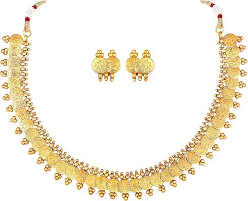 Aheli Gold Tone Indian Goddess Laxmi Coin Necklace Earrings Set South Indian Ethnic Wedding Party Wear Fashion Jewelry Gift for Women in Saudi Arabia