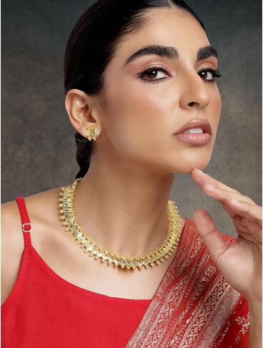 Aheli Gold Tone Indian Goddess Laxmi Coin Necklace Earrings Set South Indian Ethnic Wedding Party Wear Fashion Jewelry Gift for Women in Saudi Arabia