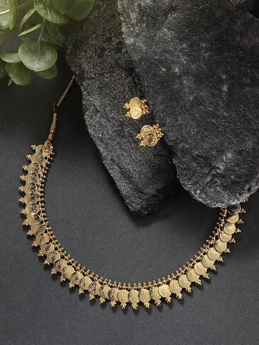Aheli Gold Tone Indian Goddess Laxmi Coin Necklace Earrings Set South Indian Ethnic Wedding Party Wear Fashion Jewelry Gift for Women in Saudi Arabia