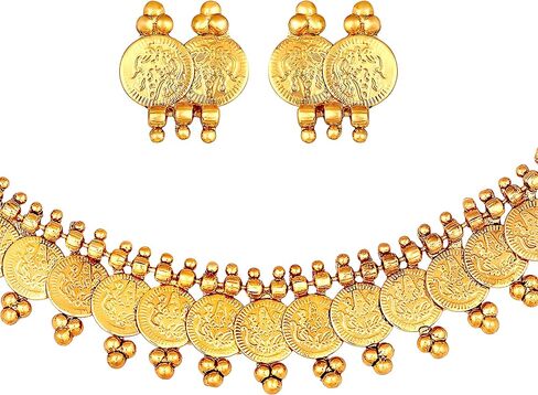 Aheli Gold Tone Indian Goddess Laxmi Coin Necklace Earrings Set South Indian Ethnic Wedding Party Wear Fashion Jewelry Gift for Women in Saudi Arabia