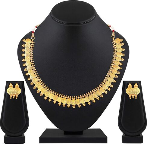 Aheli Gold Tone Indian Goddess Laxmi Coin Necklace Earrings Set South Indian Ethnic Wedding Party Wear Fashion Jewelry Gift for Women in Saudi Arabia