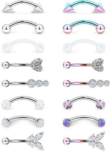 16g 8mm Silver/Black/Rainbow Eyebrow Piercing Jewelry Rings Curved Barbell Vertical Labret Lip Surgical Steel Small Belly Button Snake Eyes Tongue Rook Earrings for Women Men in Kuwait