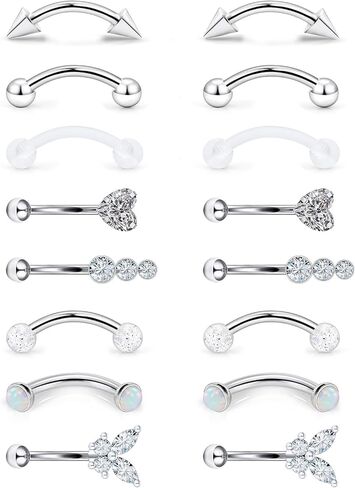 16g 8mm Silver/Black/Rainbow Eyebrow Piercing Jewelry Rings Curved Barbell Vertical Labret Lip Surgical Steel Small Belly Button Snake Eyes Tongue Rook Earrings for Women Men in Kuwait