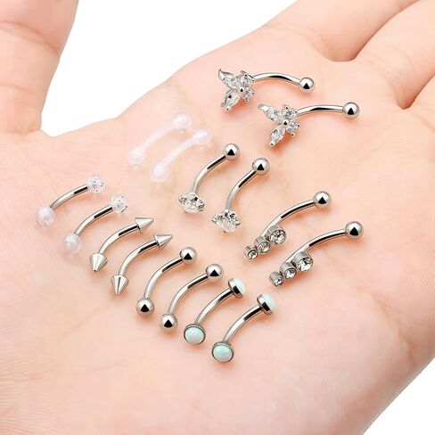 16g 8mm Silver/Black/Rainbow Eyebrow Piercing Jewelry Rings Curved Barbell Vertical Labret Lip Surgical Steel Small Belly Button Snake Eyes Tongue Rook Earrings for Women Men in Kuwait