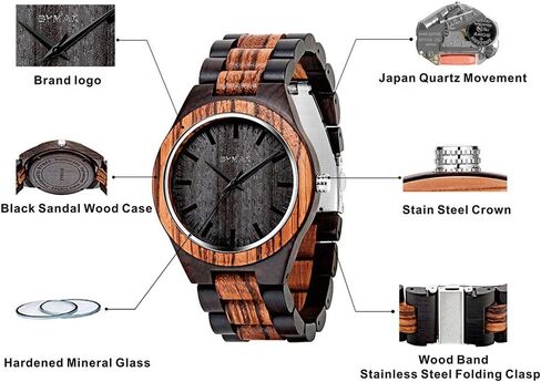 Bymax Men Wood Wood Watch Quartz ، Fashion Handmade Wooden Wrist Howsing Mens in Saudi Arabia