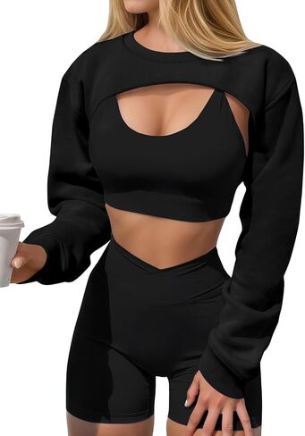 Yousify Womens Long Sleeve Cropped Sweatshirts Workout Casual Pump Gym Cover Ups Bolero Shrugs Y2k Going Out Tops in Kuwait