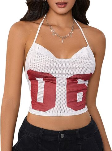 قمصان القميص النسائية Makemechic Tops Tops Halter Tops Tie Backless Letter Letter Print Tank Tops in Saudi Arabia
