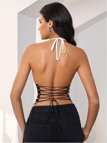 قمصان القميص النسائية Makemechic Tops Tops Halter Tops Tie Backless Letter Letter Print Tank Tops in Saudi Arabia