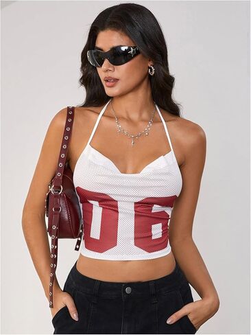 قمصان القميص النسائية Makemechic Tops Tops Halter Tops Tie Backless Letter Letter Print Tank Tops in Saudi Arabia