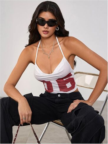 قمصان القميص النسائية Makemechic Tops Tops Halter Tops Tie Backless Letter Letter Print Tank Tops in Saudi Arabia