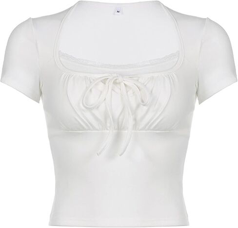 Mxiqqpltky Y2K Fairy Grunge Crop Top for Women Short Sleeve Lace Patchwork T-Shirt Aesthetic Slim Fit Cute Babydoll Top Tees in Kuwait