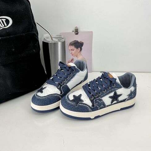 Cute Star Sneakers PU Leather Stylish Lace Up Flat Skate Shoes for Women Casual Comfortable Non Slip Fashionable Streetwear Versatile Daily Wear in Saudi Arabia