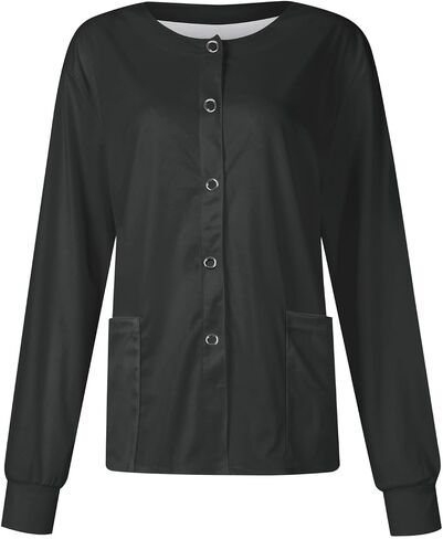 Scrub Jackets for Woman Long Sleeve Snap Front Solid Color Scrub Tops Plus Size Warm Up Medical Nurse Working Uniform in Saudi Arabia