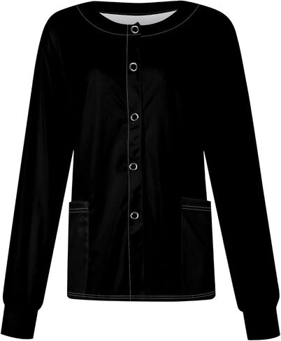 Scrub Jackets for Woman Long Sleeve Snap Front Solid Color Scrub Tops Plus Size Warm Up Medical Nurse Working Uniform in Saudi Arabia