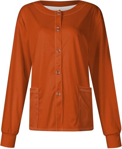 Scrub Jackets for Woman Long Sleeve Snap Front Solid Color Scrub Tops Plus Size Warm Up Medical Nurse Working Uniform in Saudi Arabia