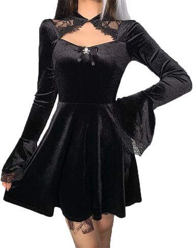 TSMNZMU Goth Velvet Dress for Women Vintage Long Flare Sleeve Dresses Punk Grunge Witchy Dress Harajuku Emo Lolita Dress in Kuwait