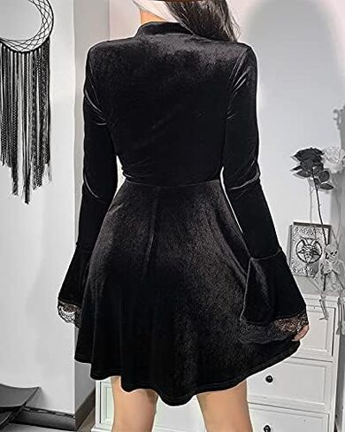 TSMNZMU Goth Velvet Dress for Women Vintage Long Flare Sleeve Dresses Punk Grunge Witchy Dress Harajuku Emo Lolita Dress in Kuwait