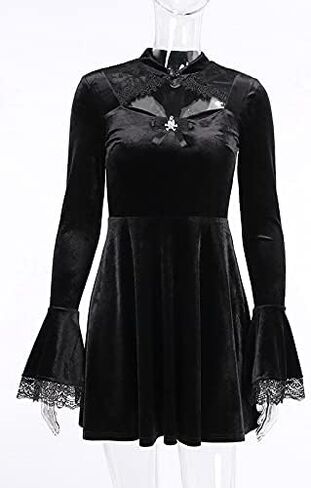 TSMNZMU Goth Velvet Dress for Women Vintage Long Flare Sleeve Dresses Punk Grunge Witchy Dress Harajuku Emo Lolita Dress in Kuwait
