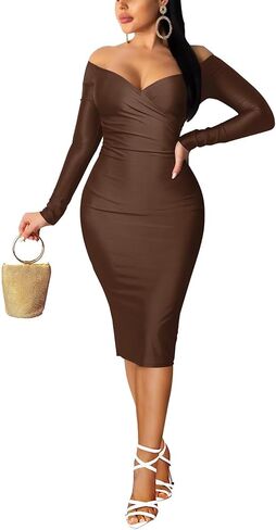Sexy Off Shoulder Midi Dress for Women Elegant V Neck Bodycon Club Night Party Dresses in Saudi Arabia