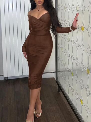 Sexy Off Shoulder Midi Dress for Women Elegant V Neck Bodycon Club Night Party Dresses in Saudi Arabia