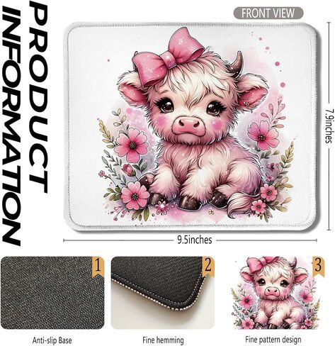 Highland Cow Mouse Pad, Coquette Pink Bow Floral Cow Mouse Pads for Wireless Mouse Computers Laptop Desk Accessories, Highland Cow Gifts, Cow Gifts for Cow Lovers, 9.5x7.9 Inch in Kuwait