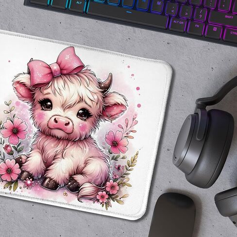 Highland Cow Mouse Pad, Coquette Pink Bow Floral Cow Mouse Pads for Wireless Mouse Computers Laptop Desk Accessories, Highland Cow Gifts, Cow Gifts for Cow Lovers, 9.5x7.9 Inch in Kuwait