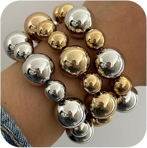 3Pcs Chunky Gold Large Beaded Bracelets Set Stackable for Women Trendy, Exaggerated Silver Big Round Ball Beads Bracelet Stretch Elastic Chain Jewelry Gift in Saudi Arabia