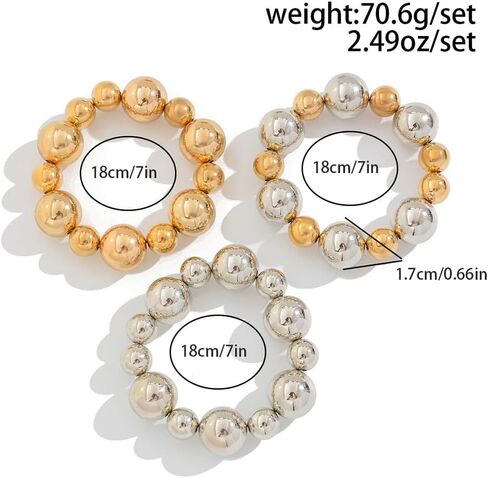3Pcs Chunky Gold Large Beaded Bracelets Set Stackable for Women Trendy, Exaggerated Silver Big Round Ball Beads Bracelet Stretch Elastic Chain Jewelry Gift in Saudi Arabia