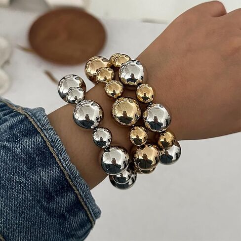 3Pcs Chunky Gold Large Beaded Bracelets Set Stackable for Women Trendy, Exaggerated Silver Big Round Ball Beads Bracelet Stretch Elastic Chain Jewelry Gift in Saudi Arabia