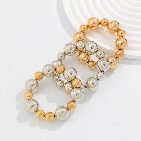 3Pcs Chunky Gold Large Beaded Bracelets Set Stackable for Women Trendy, Exaggerated Silver Big Round Ball Beads Bracelet Stretch Elastic Chain Jewelry Gift in Saudi Arabia