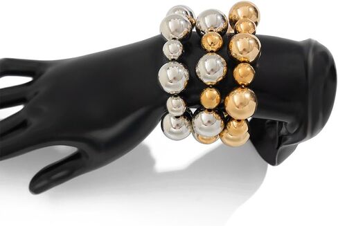 3Pcs Chunky Gold Large Beaded Bracelets Set Stackable for Women Trendy, Exaggerated Silver Big Round Ball Beads Bracelet Stretch Elastic Chain Jewelry Gift in Saudi Arabia