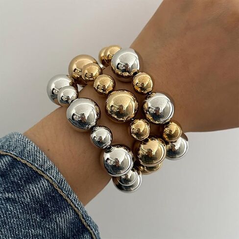 3Pcs Chunky Gold Large Beaded Bracelets Set Stackable for Women Trendy, Exaggerated Silver Big Round Ball Beads Bracelet Stretch Elastic Chain Jewelry Gift in Saudi Arabia