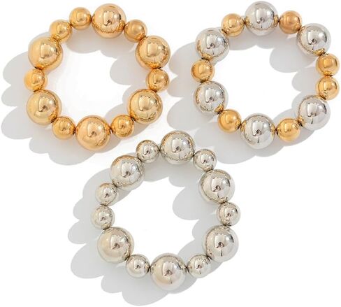 3Pcs Chunky Gold Large Beaded Bracelets Set Stackable for Women Trendy, Exaggerated Silver Big Round Ball Beads Bracelet Stretch Elastic Chain Jewelry Gift in Saudi Arabia
