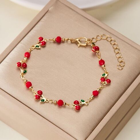 Gold Cherry Bracelet for Women Dainty Cherry Chain Bracelet Colorful Evil Eye Heart Link Bracelet Adjustable Summer Beach Jewelry in Kuwait
