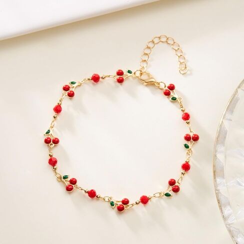 Gold Cherry Bracelet for Women Dainty Cherry Chain Bracelet Colorful Evil Eye Heart Link Bracelet Adjustable Summer Beach Jewelry in Kuwait