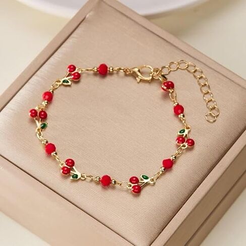 Gold Cherry Bracelet for Women Dainty Cherry Chain Bracelet Colorful Evil Eye Heart Link Bracelet Adjustable Summer Beach Jewelry in Kuwait