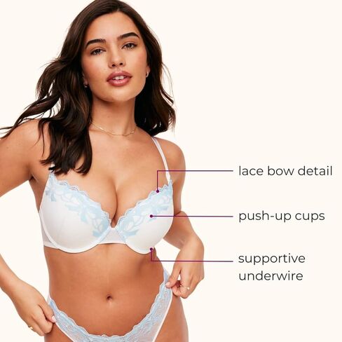 Adore Me Audrina Plunge Push Up Bra - 30A-38DD Underwire Bra for Women with Lace Bow Detail & Adjustable Straps in Kuwait