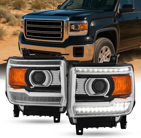 AKKON - Fit 2014-2018 GMC Sierra 1500/15-19 Sierra 2500HD|3500HD Halogen w/LED DRL Chrome Bezel Projector Headlight OE Style Driver Passenger Assembly in Saudi Arabia