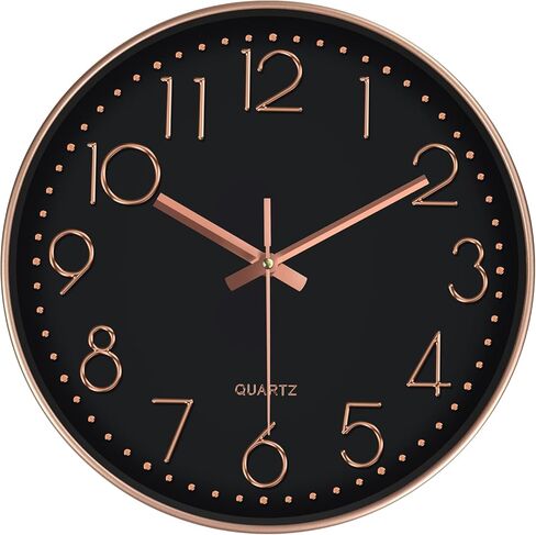 Modern Silent Wall Clock - 12 Inch Wall Clocks Battery Operated Large Number, Non-Ticking Analog Clock with Tempered Glass Quartz Clocks for Living Room Bedroom Office Kitchen, Black Rose Gold in Kuwait
