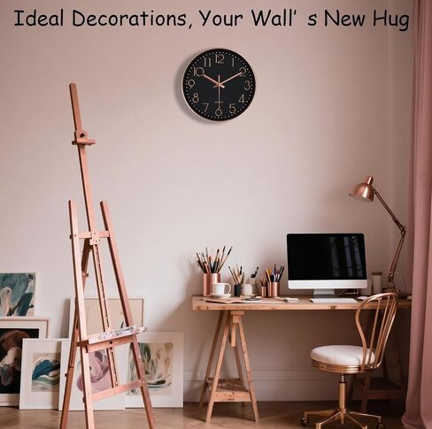 Modern Silent Wall Clock - 12 Inch Wall Clocks Battery Operated Large Number, Non-Ticking Analog Clock with Tempered Glass Quartz Clocks for Living Room Bedroom Office Kitchen, Black Rose Gold in Kuwait