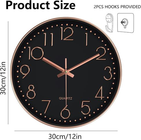 Modern Silent Wall Clock - 12 Inch Wall Clocks Battery Operated Large Number, Non-Ticking Analog Clock with Tempered Glass Quartz Clocks for Living Room Bedroom Office Kitchen, Black Rose Gold in Kuwait