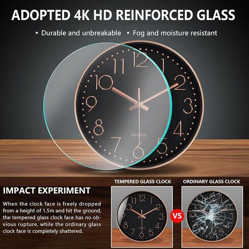 Modern Silent Wall Clock - 12 Inch Wall Clocks Battery Operated Large Number, Non-Ticking Analog Clock with Tempered Glass Quartz Clocks for Living Room Bedroom Office Kitchen, Black Rose Gold in Kuwait