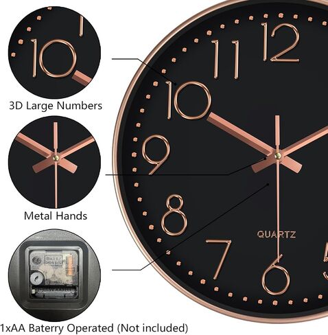 Modern Silent Wall Clock - 12 Inch Wall Clocks Battery Operated Large Number, Non-Ticking Analog Clock with Tempered Glass Quartz Clocks for Living Room Bedroom Office Kitchen, Black Rose Gold in Kuwait