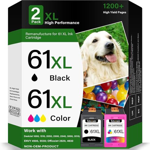 خراطيش حبر 61XL باللون الأسود واللون لحزمة حبر HP 61 - بديلة لخرطوشة حبر HP Ink 61 XL عالية الإنتاجية تناسب HP Envy 4500 5530 4502 DeskJet 2540 2050 1050 OfficeJet 4630 2620 Printer-2Pack in Kuwait