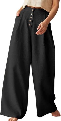 Women's Cotton Linen Pants High Waisted Wide Leg Casual Palazzo Pants Business Work Trousers with Pockets in Kuwait